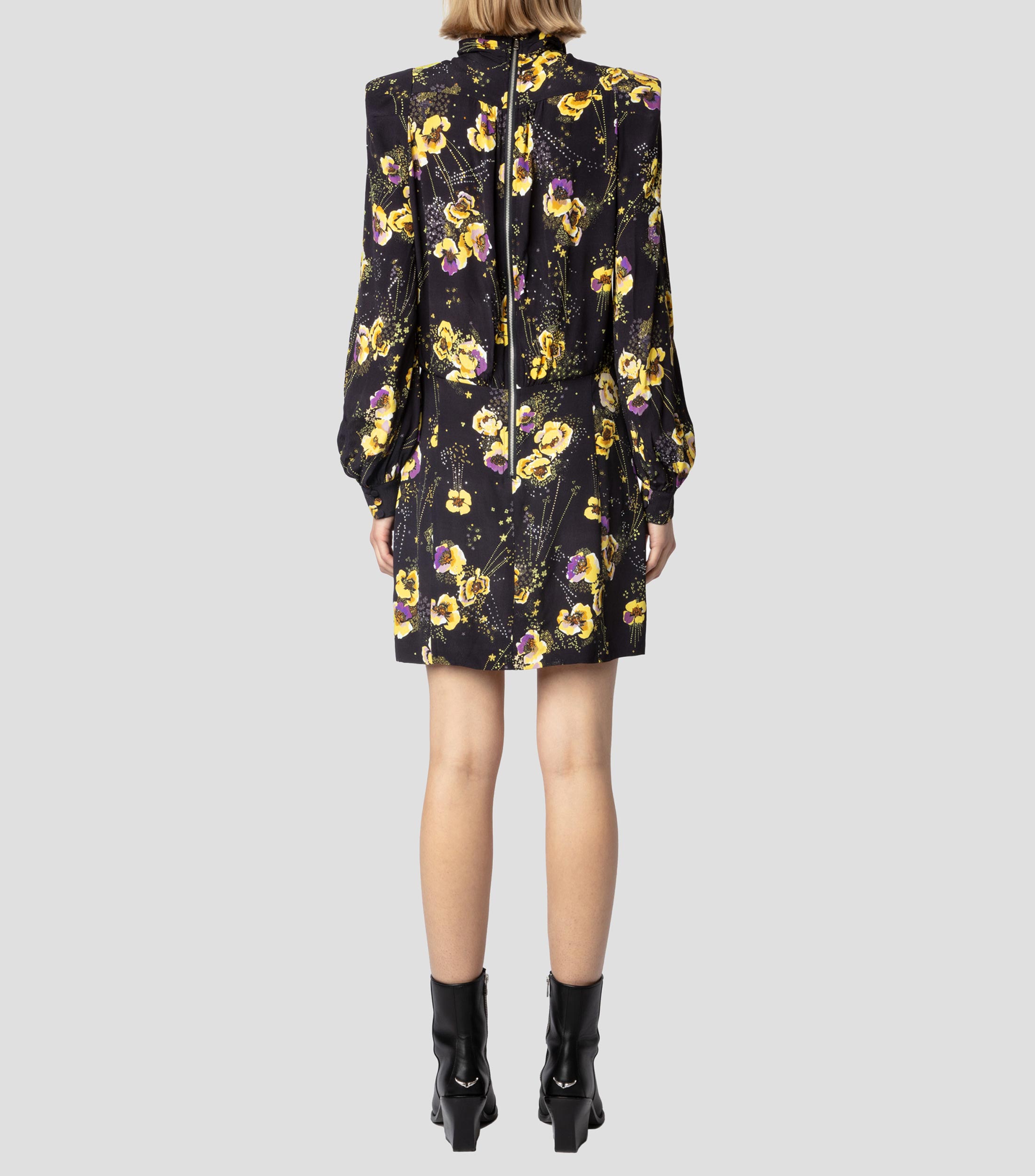 Vestido mini manga larga con flores Mujer